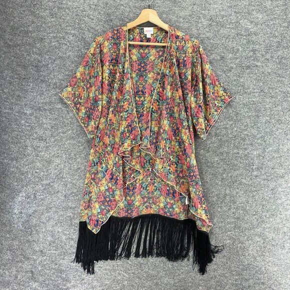 LuLaRoe Tops - LulaRoe Blouse Women S Small Yellow Geometric 3/4 Sleeve Open Front Long Fringe